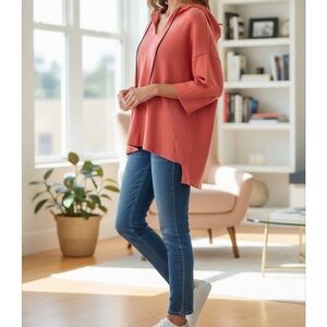 Loose Hooded V-Neck Boiled Wool Sweater